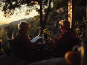 Ein älteres Paar sitzt entspannt auf einer Terrasse und sieht Finanzdokumente durch. Im Hintergrund ist eine schöne Landschaft zu sehen. Die Szene ist in warmes Licht getaucht und strahlt eine ruhige Atmosphäre aus.