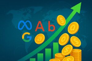 Illustration mit Logos von Meta, Alphabet (Google) und Alibaba, einer grünen Wachstumskurve, Goldmünzen und Balkendiagramm auf Weltkarten-Hintergrund – symbolisiert das weltweite Dividendenwachstum im Technologiesektor.